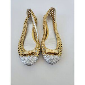 Tory Burch CARLYLE Gold & Silver Cap Toe Woven Ballet Flats Size 7 Womens Flats